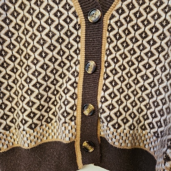 Jacquard Chocolate Brown Knit Cardigan Sweater Size L Women's Academia Old Money - Picture 4 of 8